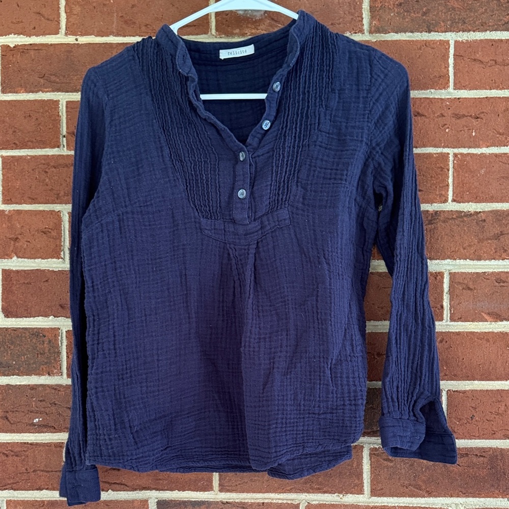 Textured Navy Blouse with Button Detail women